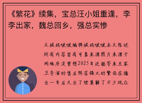 《繁花》续集，宝总汪小姐重逢，李李出家，魏总回乡，强总实惨