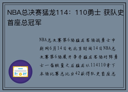 NBA总决赛猛龙114：110勇士 获队史首座总冠军